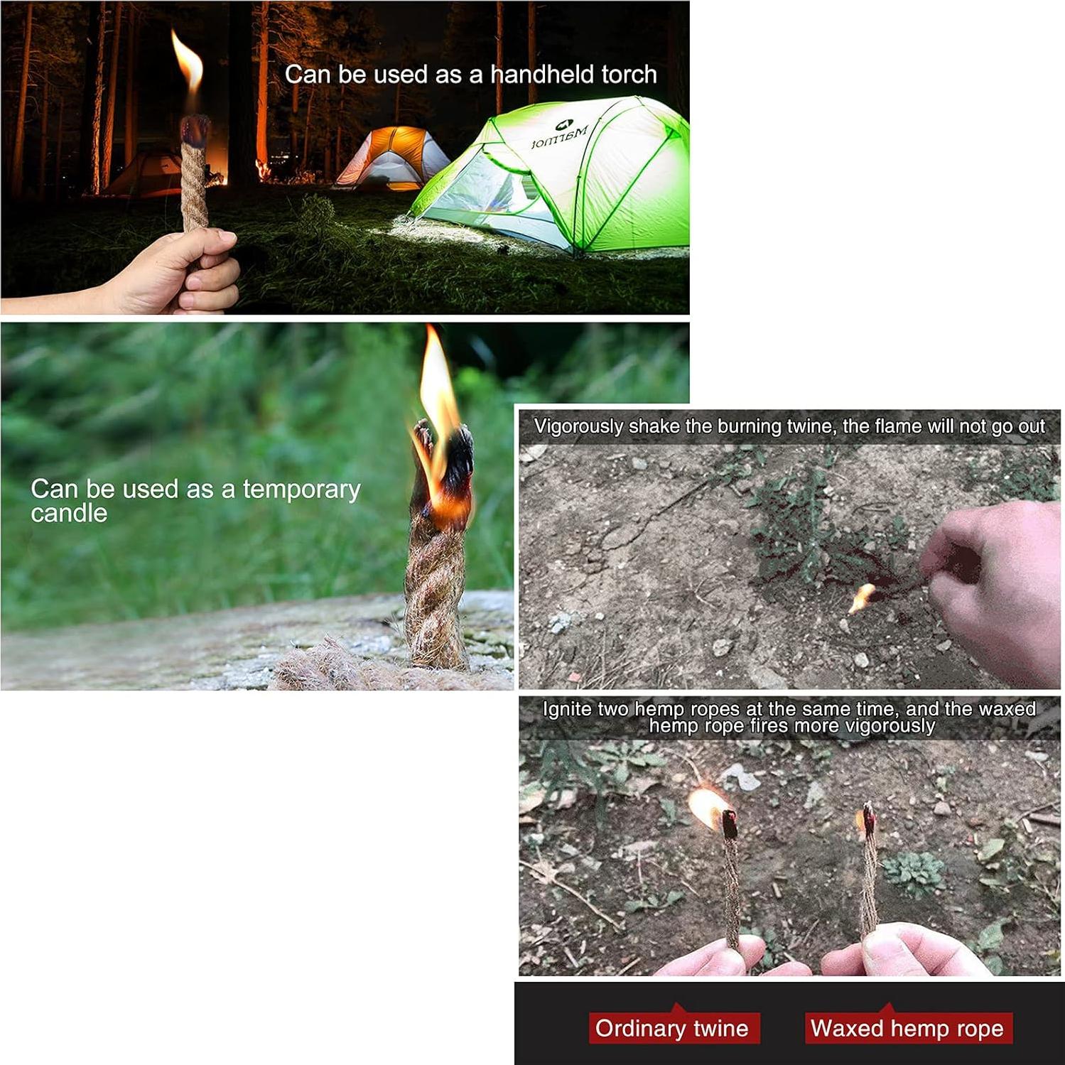 GOLDACE100% Windproof, Rainproof and Moisture- Emergency Survival Tool Kits| Long-Lasting Fire Starters for Campfires| Camping Cooking Kindling Tinder| fire Rope Hemp core| Unlimited Shelf Life