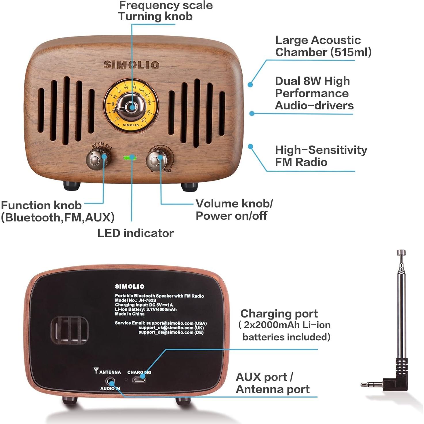 Altavoz Bluetooth Retro Simolio JH-762 2x8W Madera Nogal