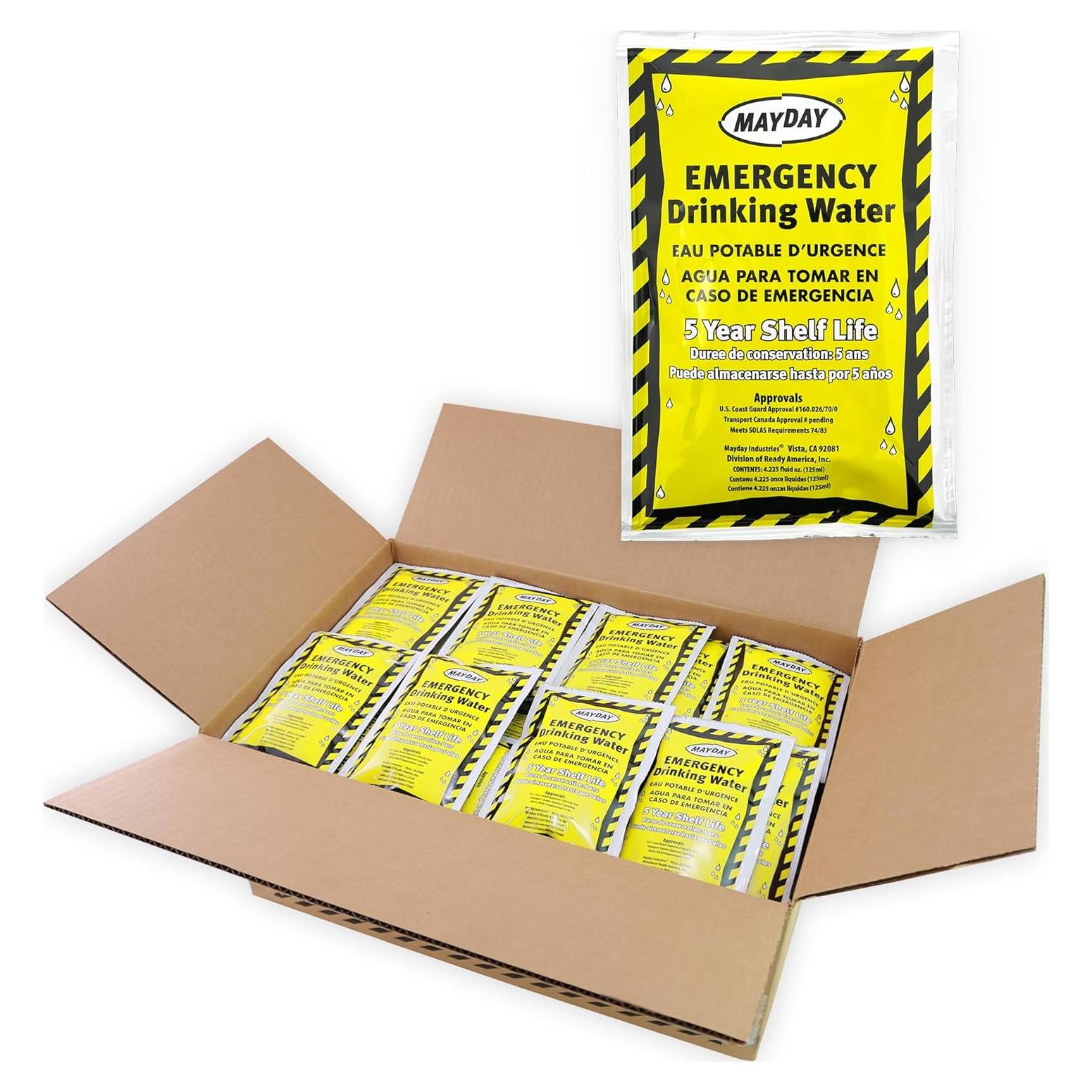 Agua de Emergencia Mayday 50 Pouches 125 ml Vida Útil 5 Años