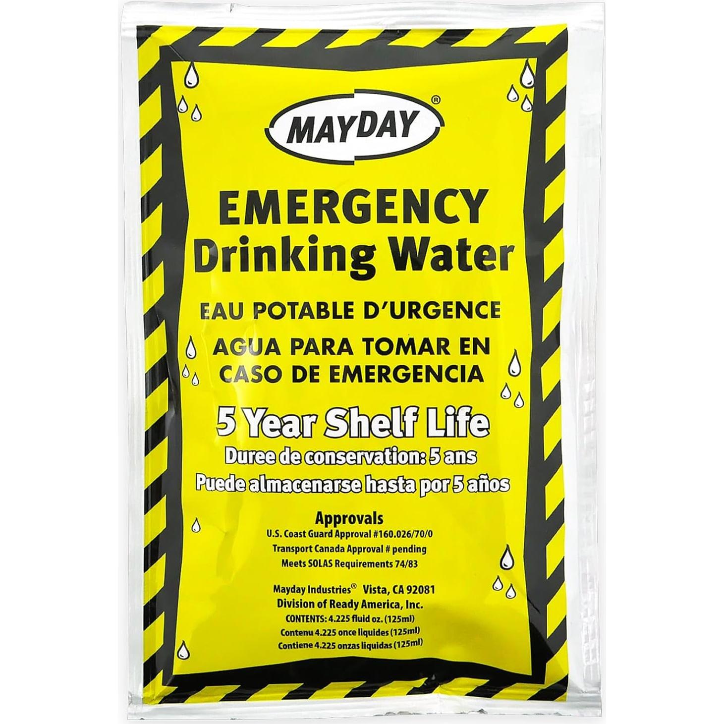 Agua de Emergencia Mayday 50 Pouches 125 ml Vida Útil 5 Años