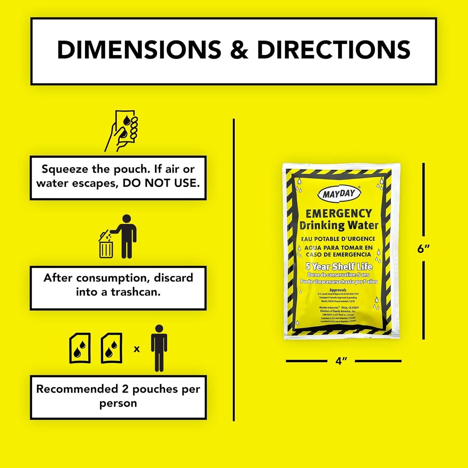Agua de Emergencia Mayday 50 Pouches 125 ml Vida Útil 5 Años