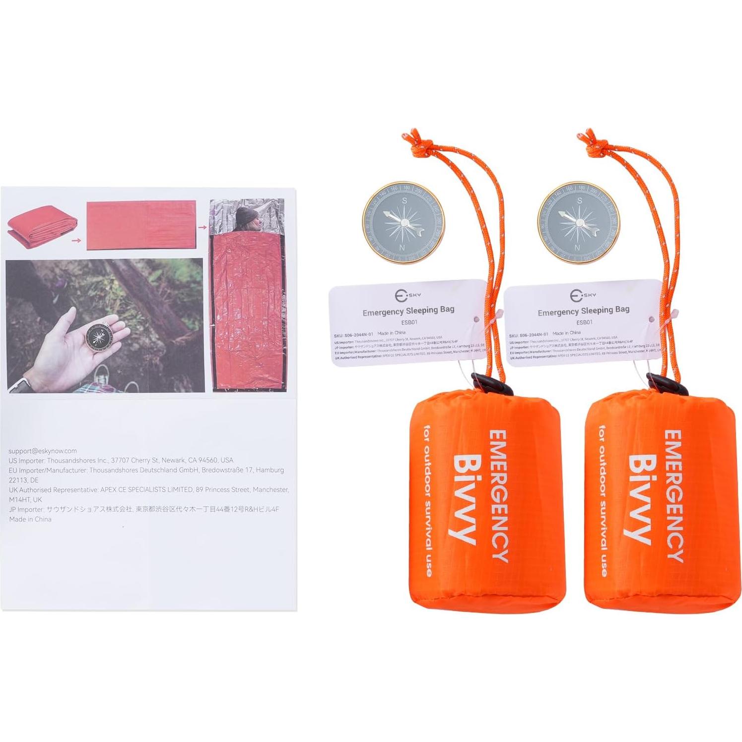 Emergency Sleeping Bag, Portable Emergency Blanket Thermal Bivy Sack, Waterproof Lightweight Survival Gear with Compass for Camping Hiking Outdoor Adventure