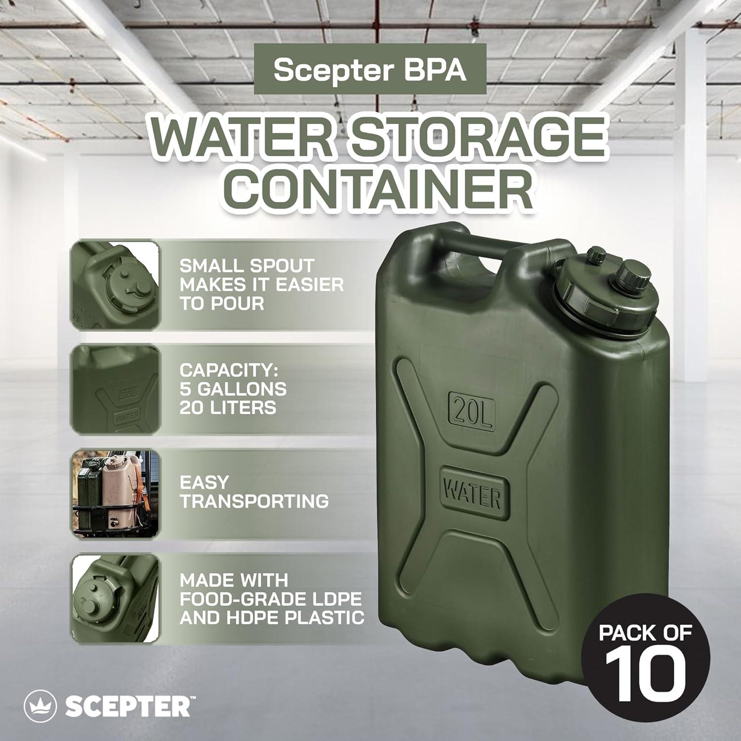 Scepter BPA Durable 5 Gallon 20 Liter Portable Military Water Storage Container for Camping, Outdoors and Emergency Management