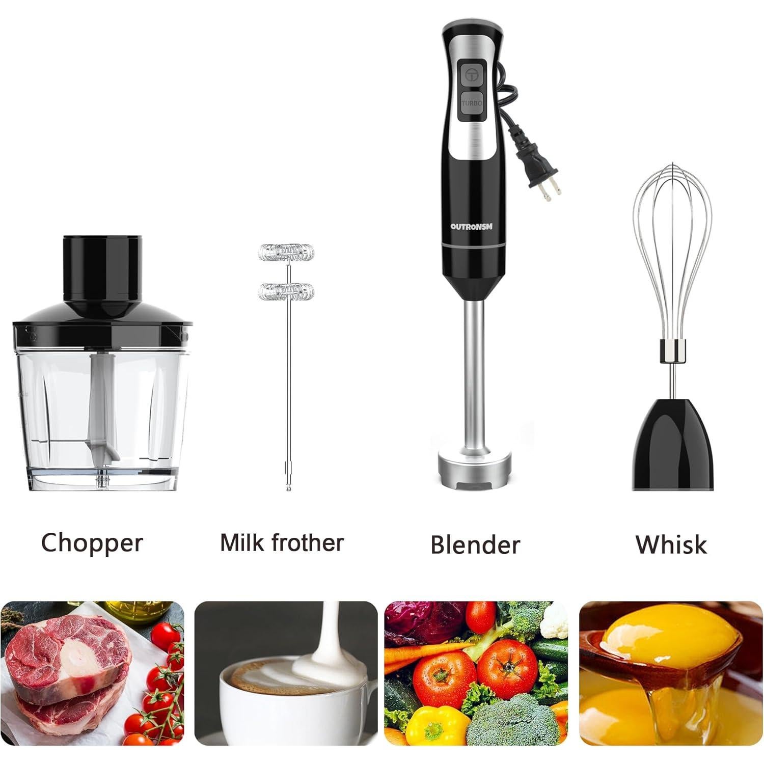 Batidora de Inmersión OUTRONSM 500ml con Picadora y Espumador