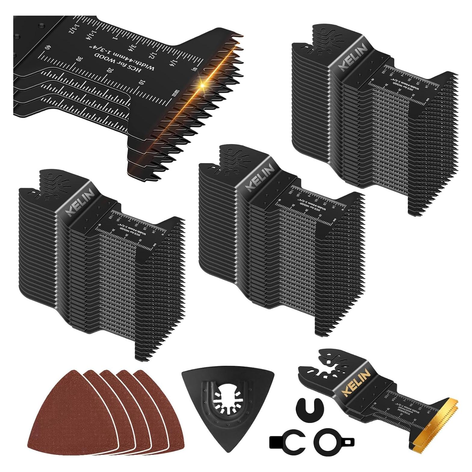 KELIN 78pcs Oscillating Tool Blade with Japanese Long Teeth for Wood, High Efficient Multitool Blades, Universal Quick Release Oscillating Saw Blades with Extra 2 Titanium Blades and Sanding Pad