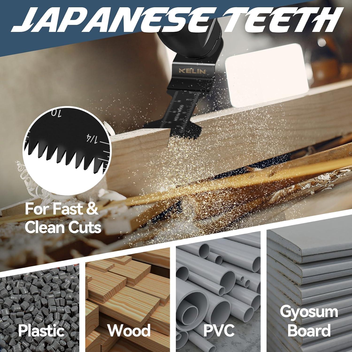 KELIN 78pcs Oscillating Tool Blade with Japanese Long Teeth for Wood, High Efficient Multitool Blades, Universal Quick Release Oscillating Saw Blades with Extra 2 Titanium Blades and Sanding Pad