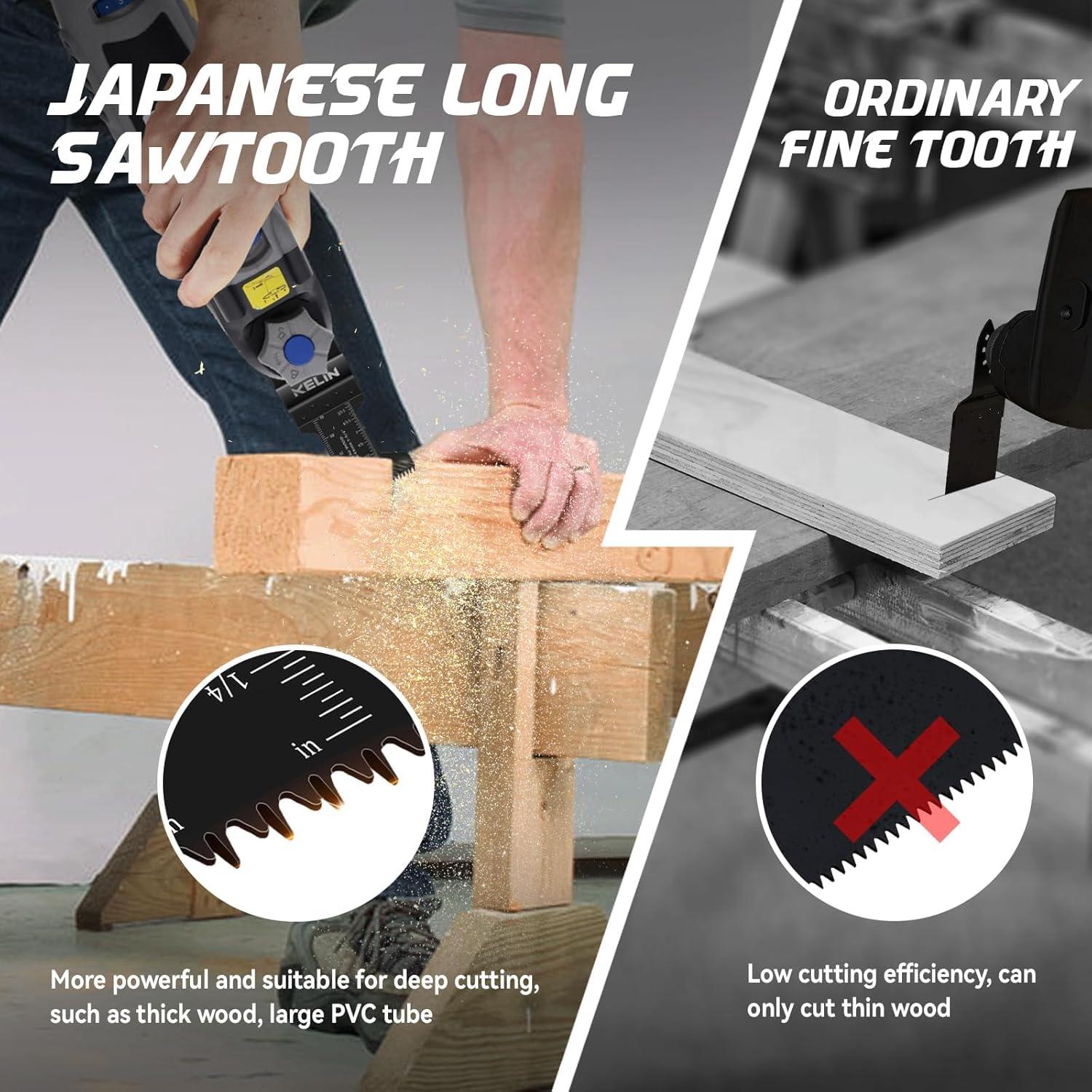 KELIN 78pcs Oscillating Tool Blade with Japanese Long Teeth for Wood, High Efficient Multitool Blades, Universal Quick Release Oscillating Saw Blades with Extra 2 Titanium Blades and Sanding Pad