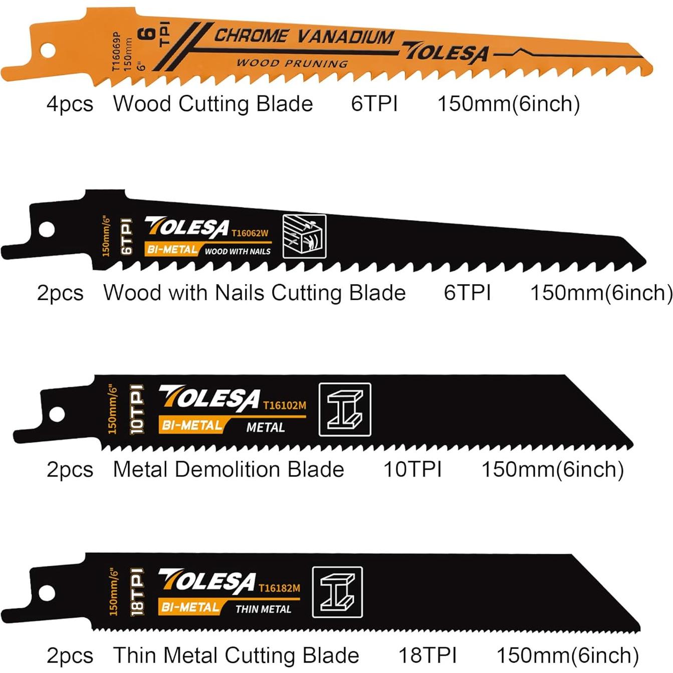 TOLESA Juego de 10 Hojas de Sierra de Vaivén 15,24 cm