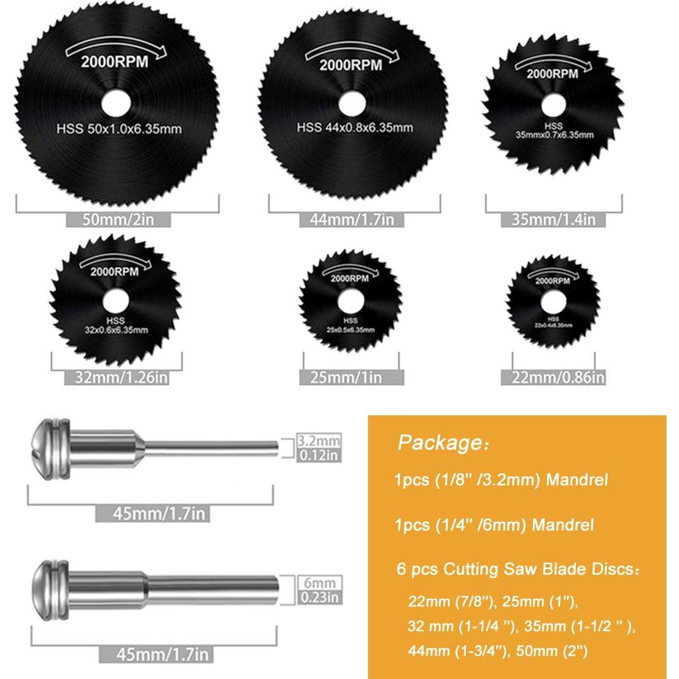 6 Pcs Rotary Drill Saw Blades, Steel Saw Disc Wheel Cutting Blades with 1/8" Straight Shank Mandrel for Dremel Drills Rotary Tools(Power Tools are not Included)