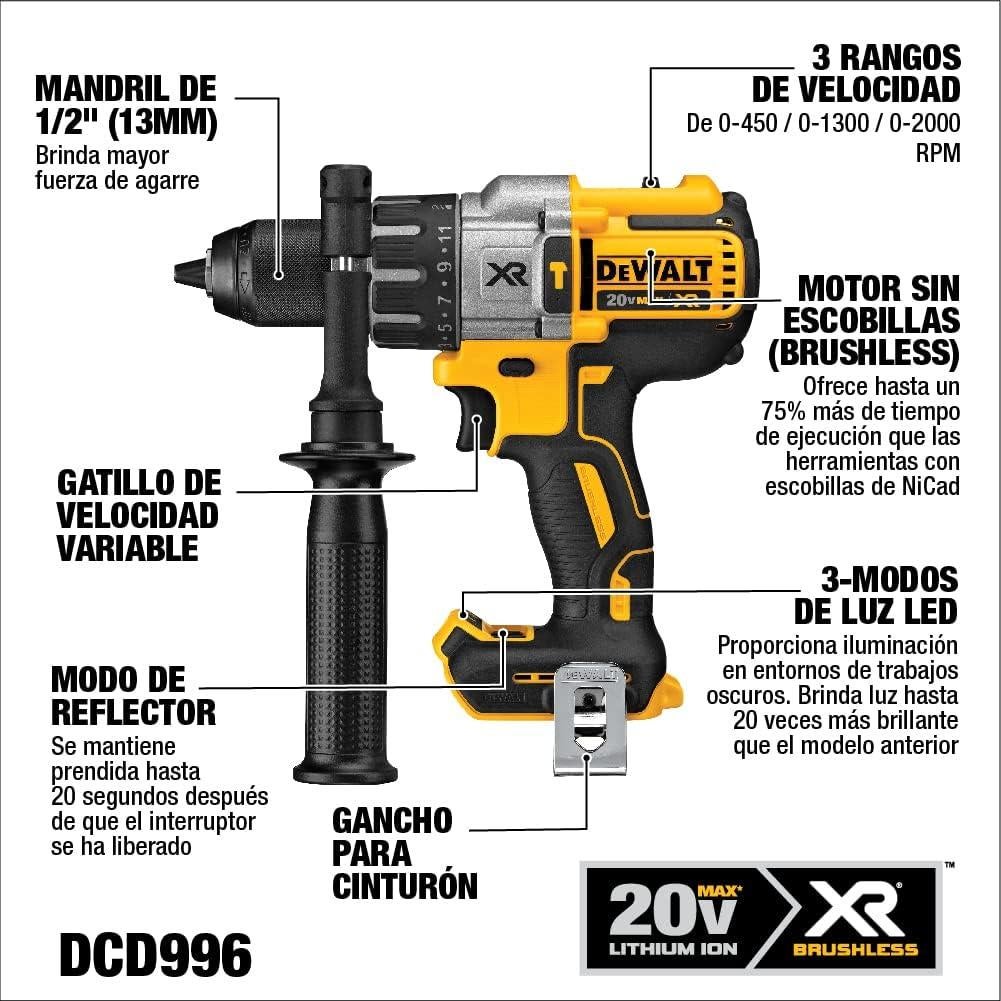 Taladro de Percusión Inalámbrico DEWALT 20V MAX DCD996B 3 Velocidades