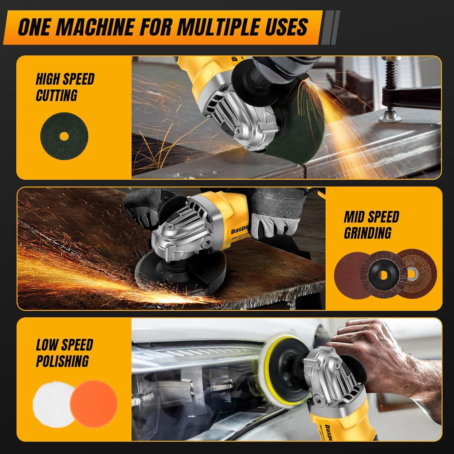 Cordless Angle Grinder compatible with DeWalt 20V Battery (Tool Only), 4-1/2 Inch Brushless Grinder with 3-Speed Adjustable & 11000 RPM, Lightweight Design for Cutting, Grinding, Metalwork