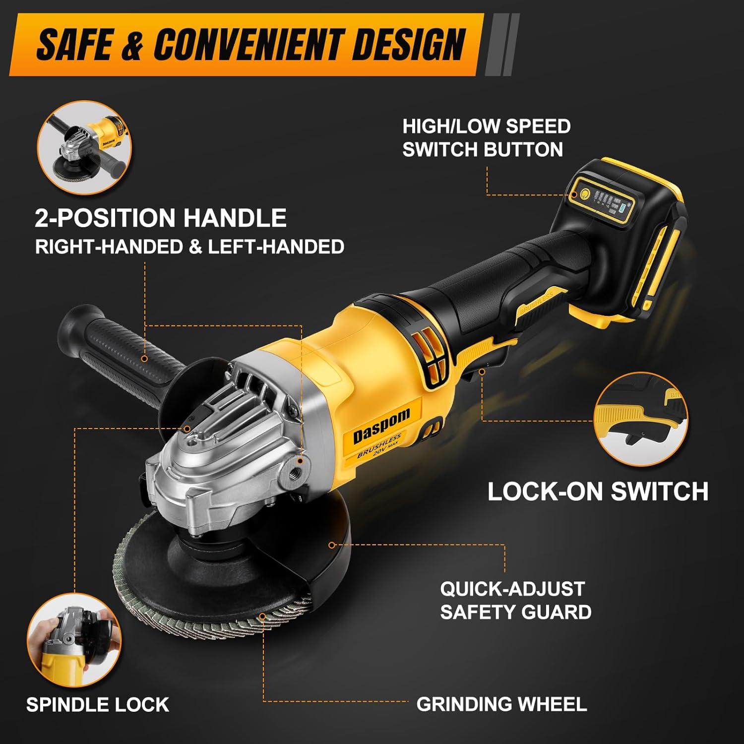 Cordless Angle Grinder compatible with DeWalt 20V Battery (Tool Only), 4-1/2 Inch Brushless Grinder with 3-Speed Adjustable & 11000 RPM, Lightweight Design for Cutting, Grinding, Metalwork