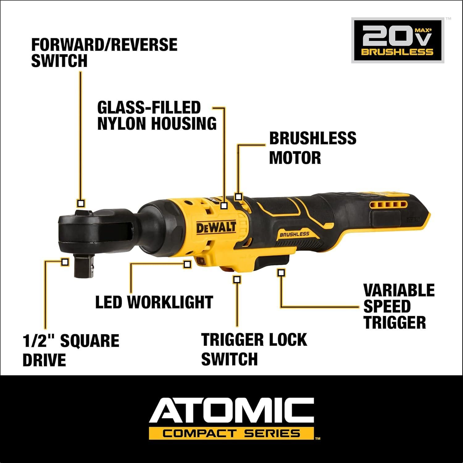 Llave de Carraca Inalámbrica DEWALT 20V MAX 1/2" 70 Pies-Libras