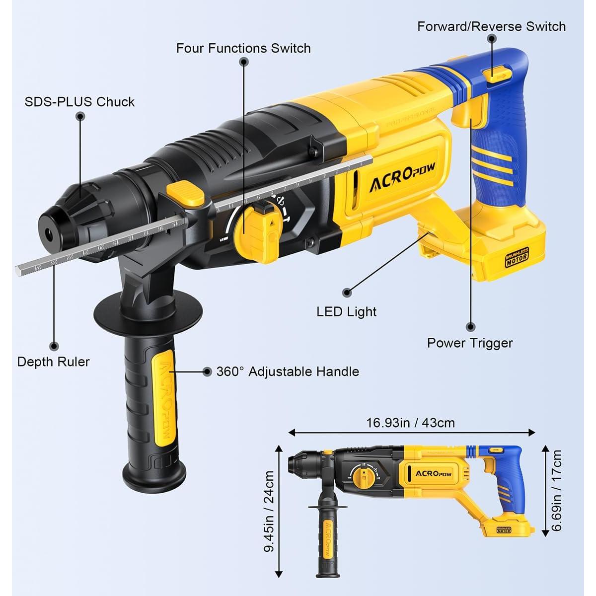 Martillo Perforador Inalámbrico ACROPOW 20V 4 Funciones LED
