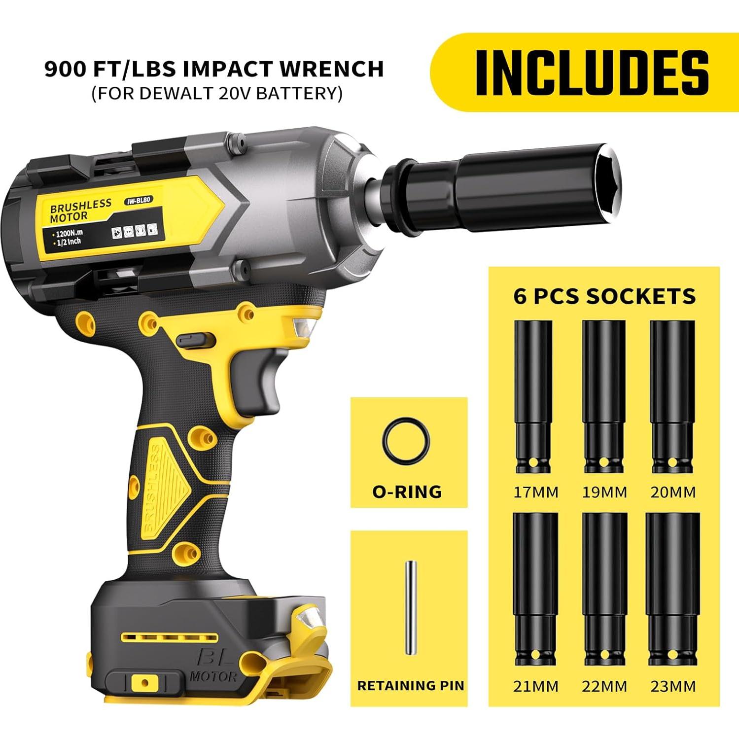 Llave de Impacto Inalámbrica VERVEWAVE 1200N.m 20V con 6 Casquillos