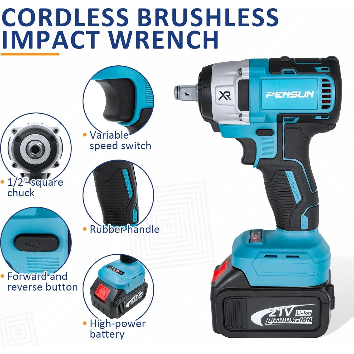 Llave de impacto inalámbrica PENSUN 1/2" 352.78 Nm 3000 RPM