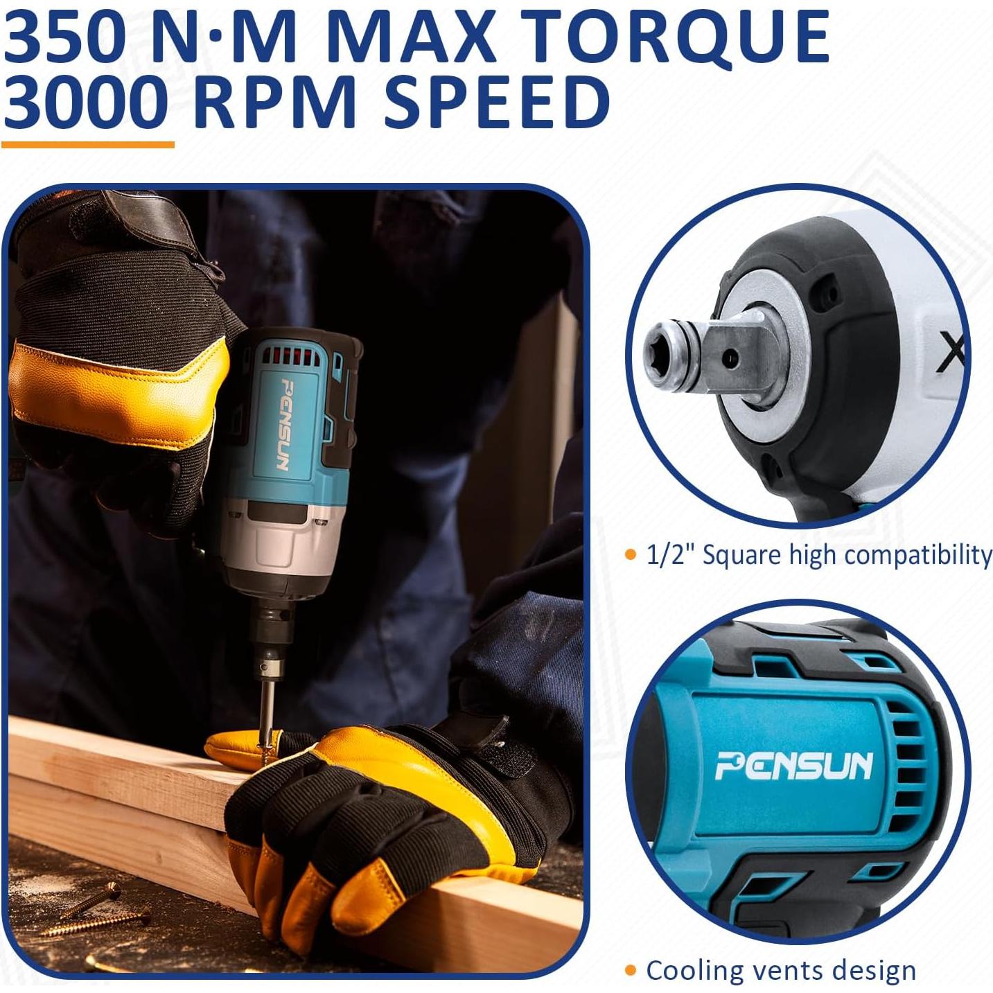 Llave de impacto inalámbrica PENSUN 1/2" 352.78 Nm 3000 RPM