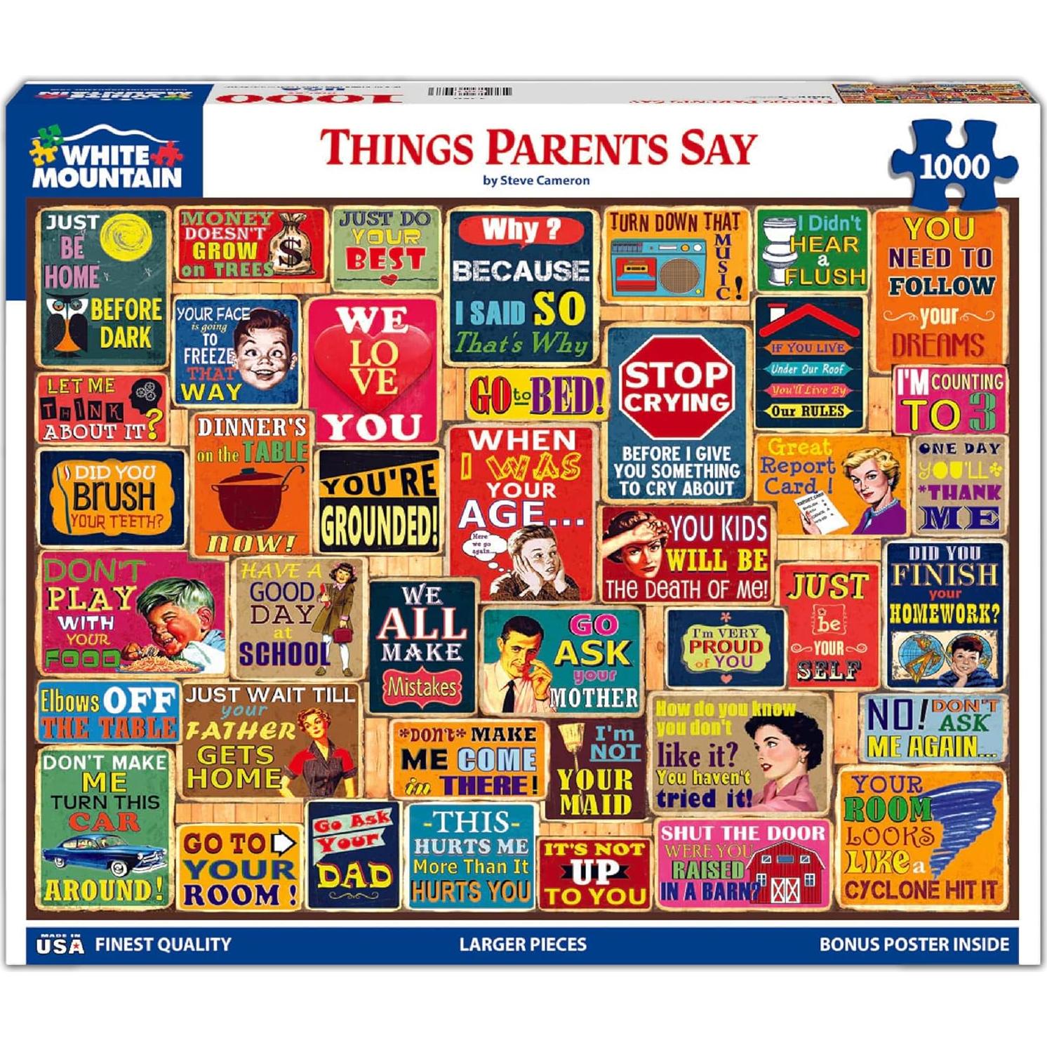 White Mountain Things Parents Say 1000 Piece Jigsaw Puzzle Fun Collage Puzzles for Adults and Family