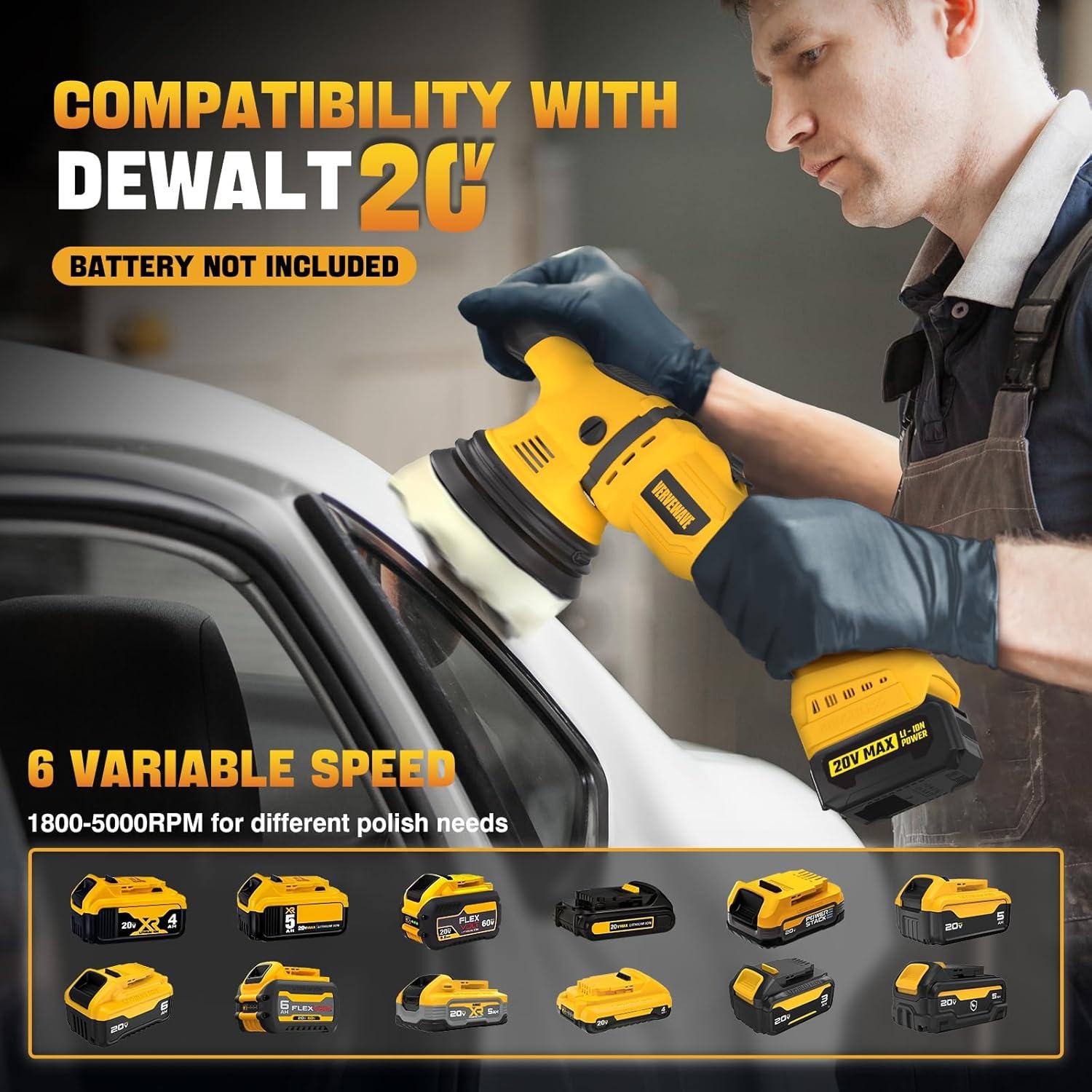 Cordless Buffer Polisher Kit for Dewalt 20V Battery (No Battery), 6-Inch Orbital Car Polisher Variable Speed 1800—5500 RPM, 17PCS Polishing Accessories, for Car Polishing/Waxing (Tool Only)