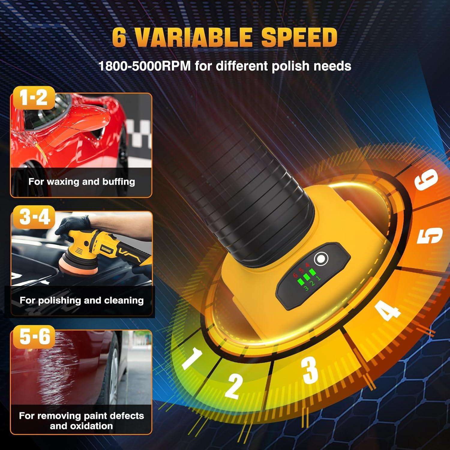 Cordless Buffer Polisher Kit for Dewalt 20V Battery (No Battery), 6-Inch Orbital Car Polisher Variable Speed 1800—5500 RPM, 17PCS Polishing Accessories, for Car Polishing/Waxing (Tool Only)