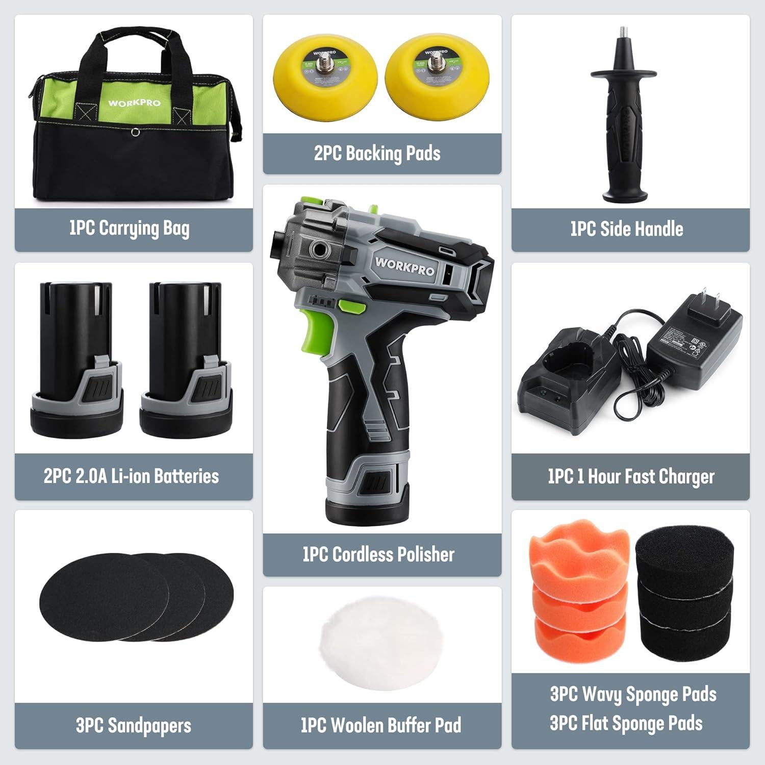 Pulidor Inalámbrico WORKPRO 12V Mini 3" con 2 Baterías