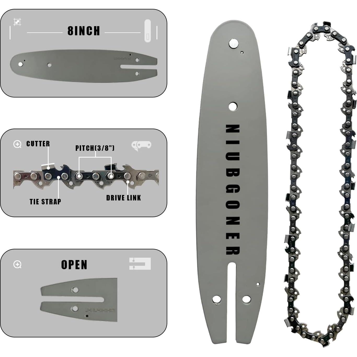 Barra y cadena de motosierra 20 cm NIUBGONER (Barra+2 Cadenas)