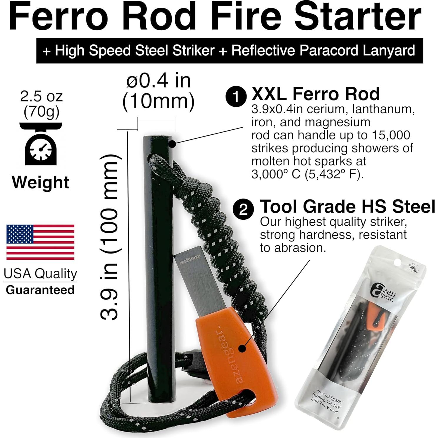 Kit Encendedor Supervivencia aZengear Barra Ferro 10cm