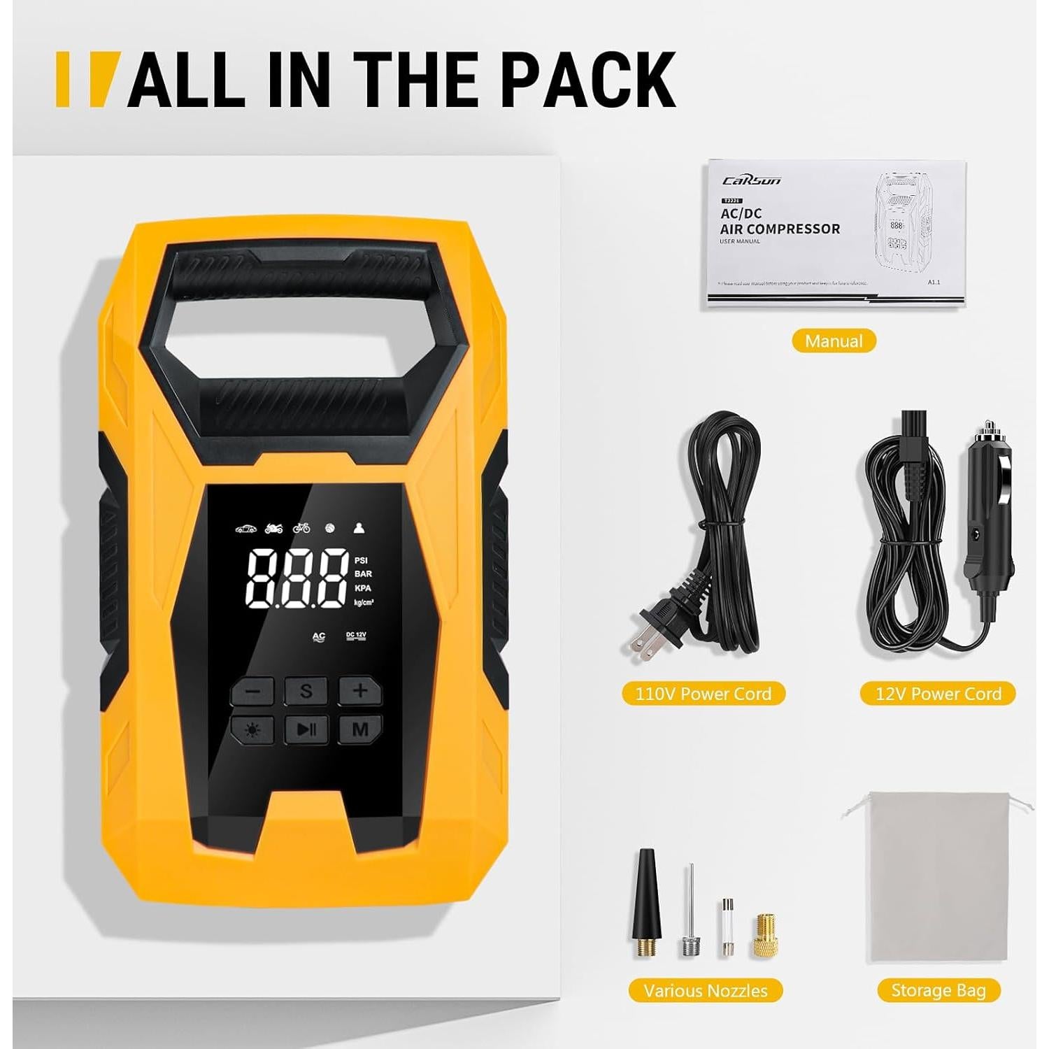 Compresor de Aire Portátil CARSUN T2221-Y 150 PSI Doble Alimentación