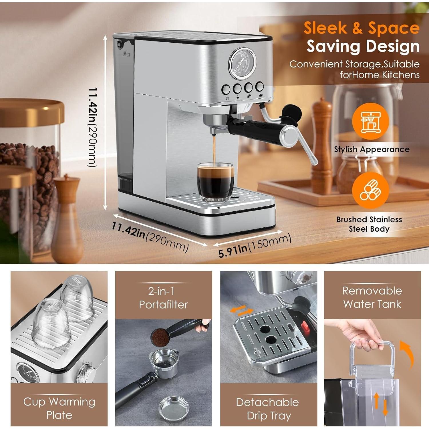 Espresso Machine Coffee Makers 20 Bar, Stainless Steel Espresso Machine with Milk Frother/Steam Wand for Espresso, Latte and Cappuccino - Premium Home Coffee Maker for Barista Quality Drinks