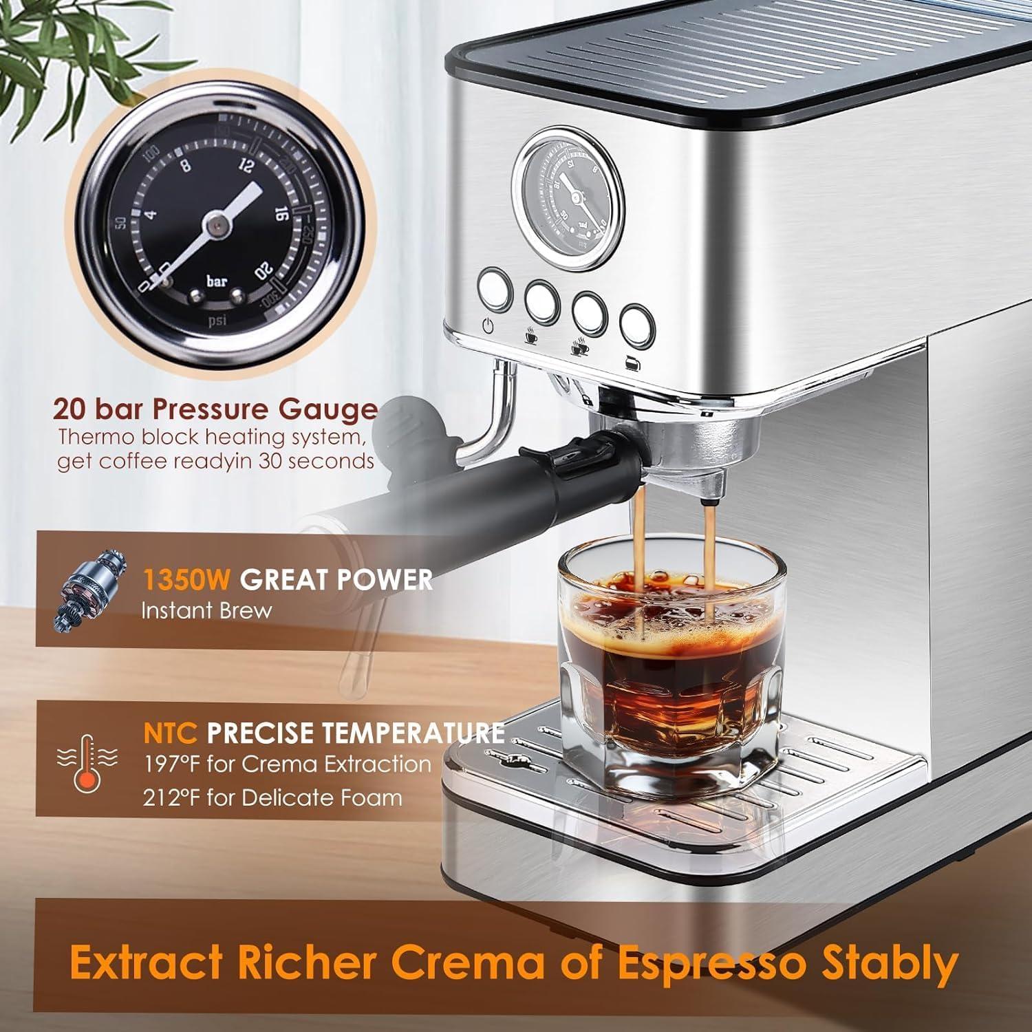 Espresso Machine Coffee Makers 20 Bar, Stainless Steel Espresso Machine with Milk Frother/Steam Wand for Espresso, Latte and Cappuccino - Premium Home Coffee Maker for Barista Quality Drinks