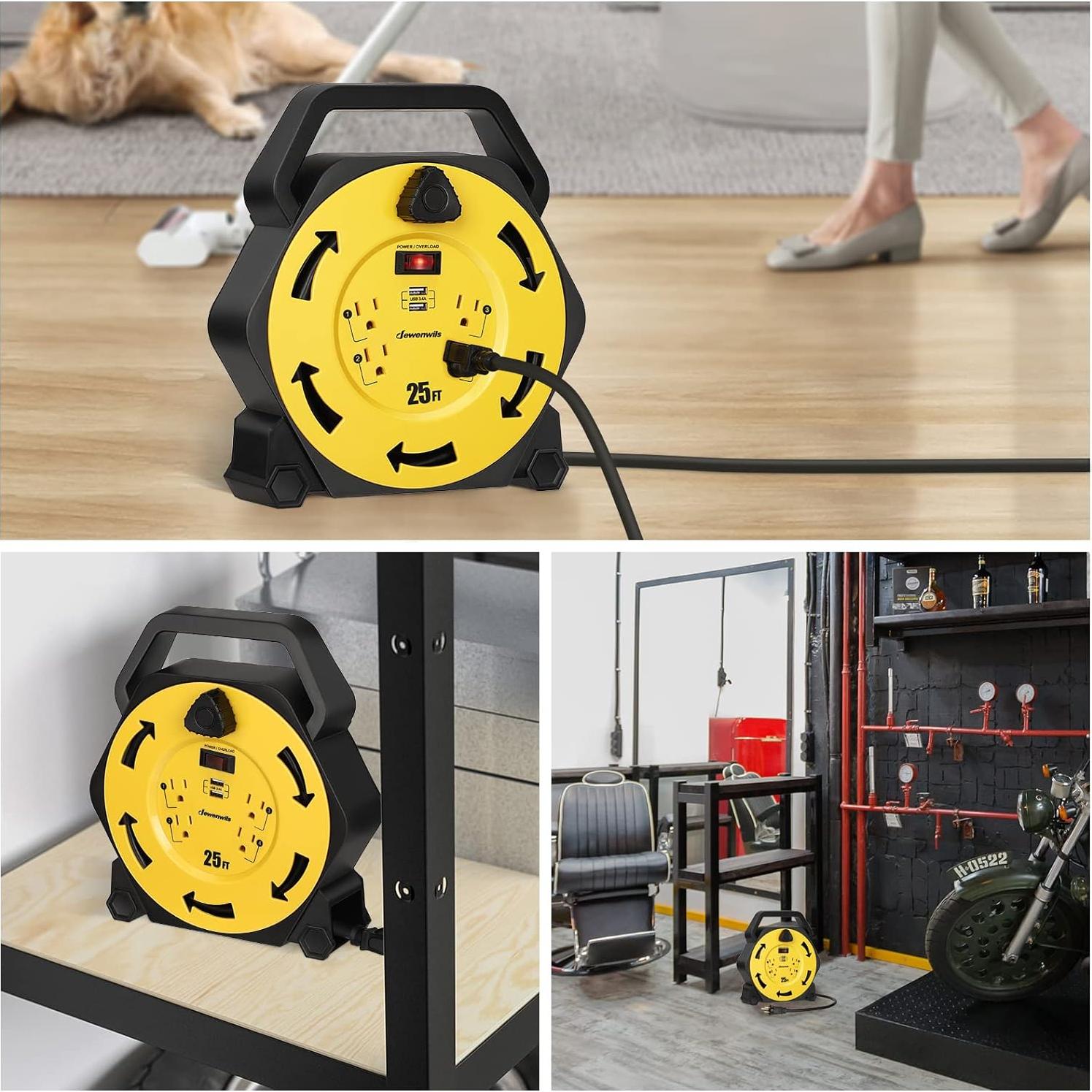 Carrete de Cable DEWENWILS 25FT 4 Salidas 2 USB Carga Rápida