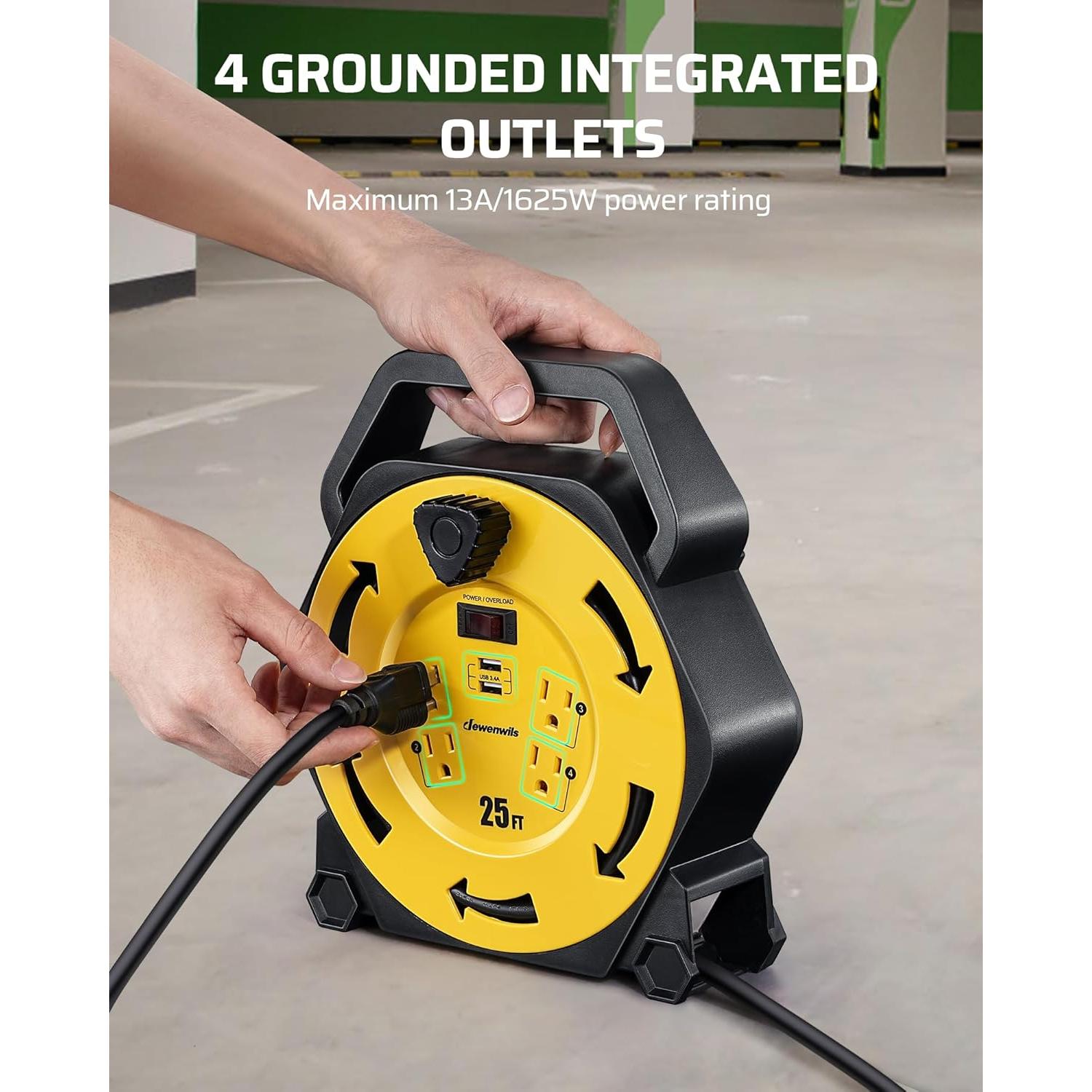 Carrete de Cable DEWENWILS 25FT 4 Salidas 2 USB Carga Rápida