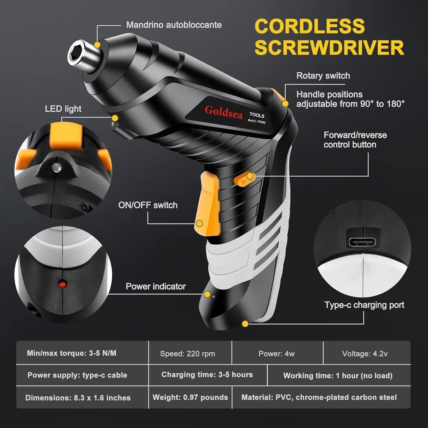 Destornillador Eléctrico Goldsea TY002-B 4.2V 3.5Nm 10 Puntas