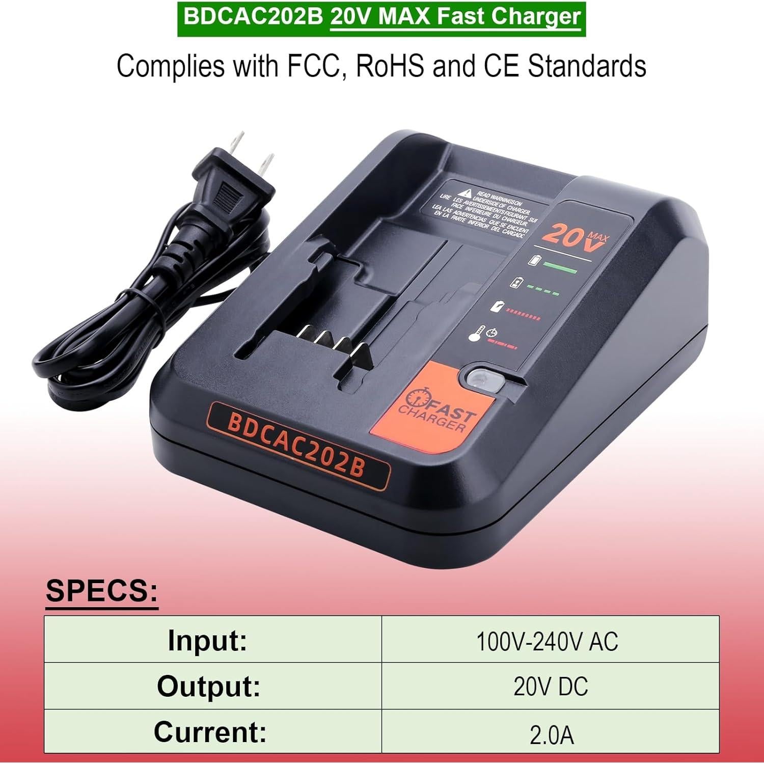 Cargador de Batería 20V Black & Decker BDCAC202B 2A Carga Rápida