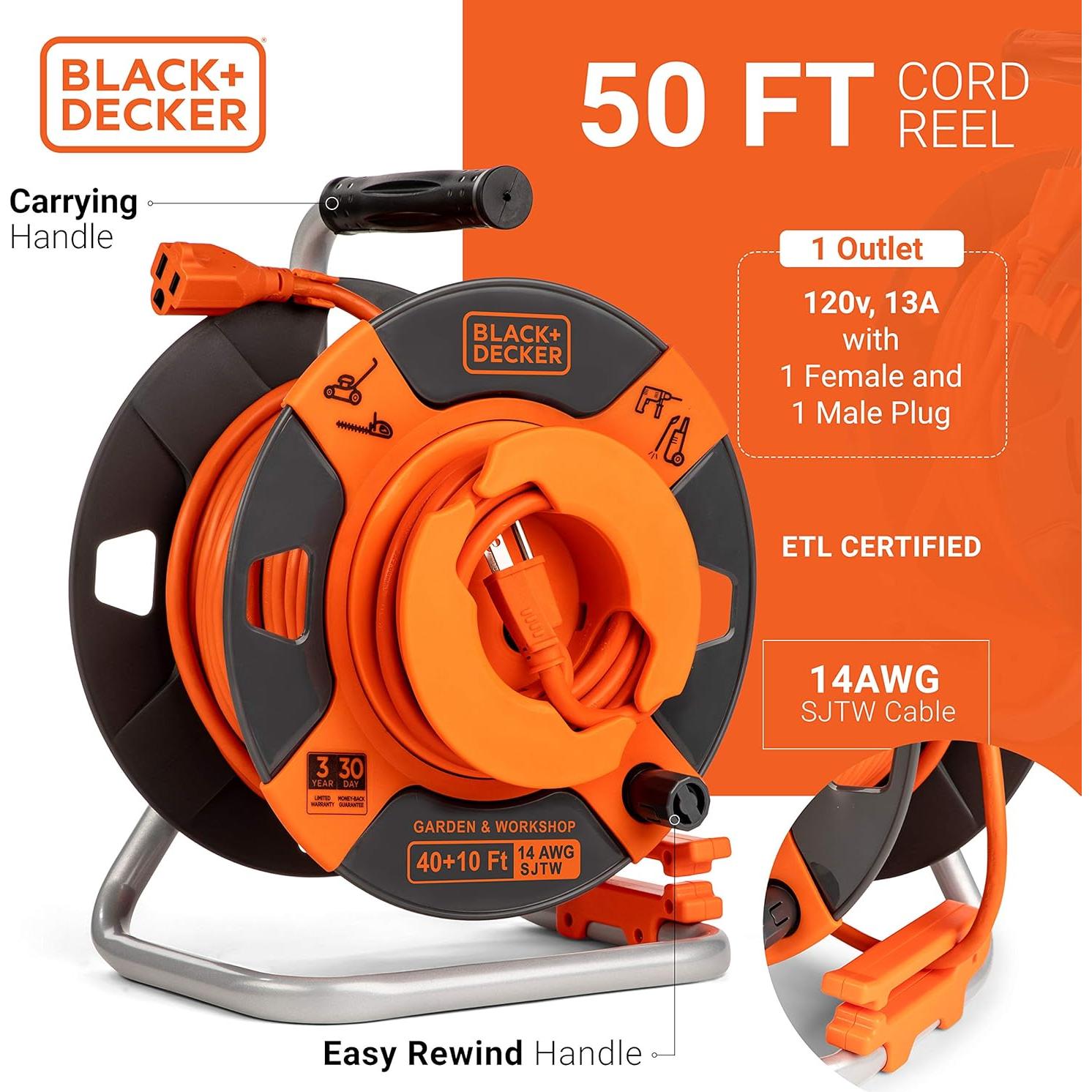 Carrete de Cable de Extensión Retráctil 15.24m BLACK+DECKER