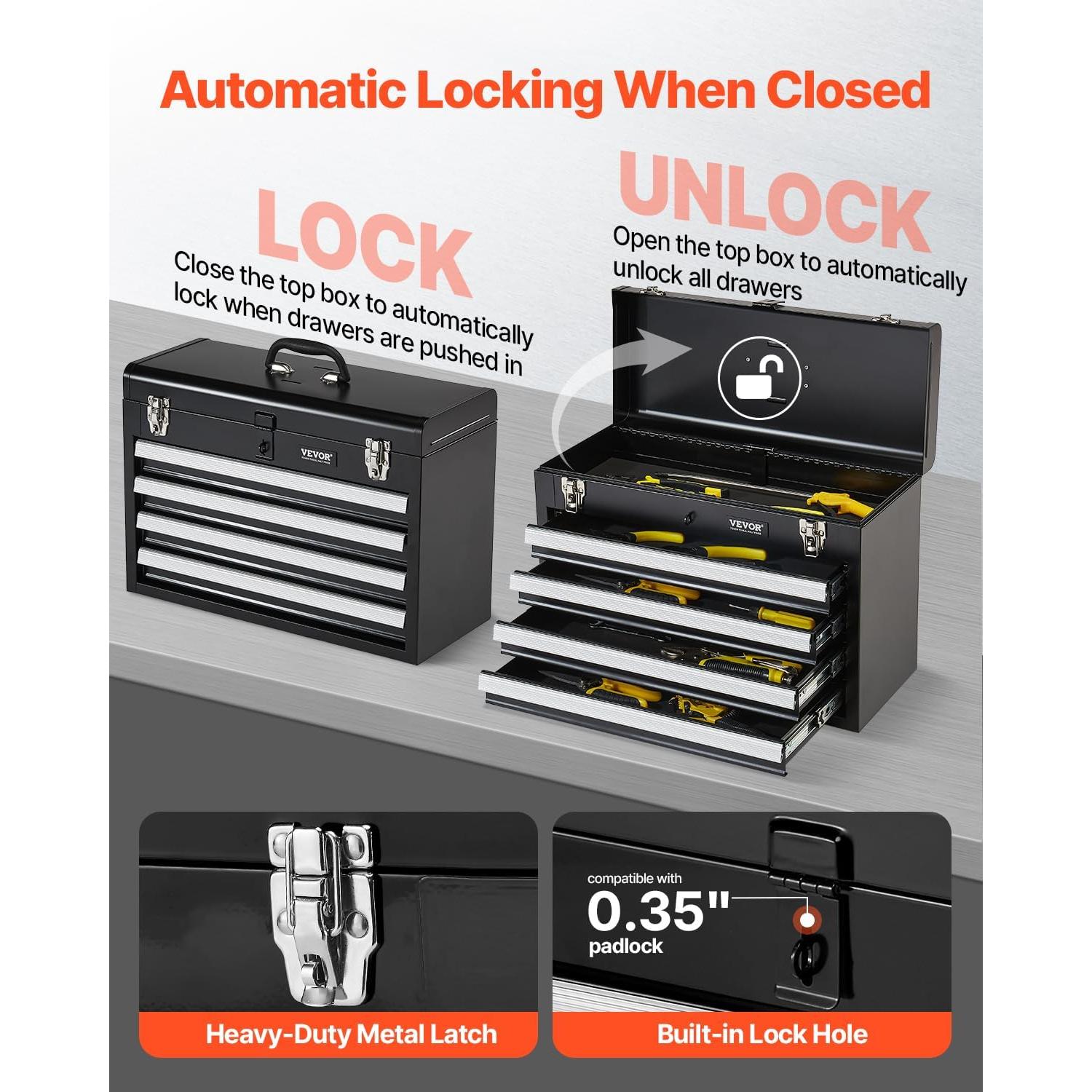 VEVOR Metal Tool Box, 20.5-inch, Portable Metal Tool Box with 4 Drawers, Small Tool Chest with EVA Liners, Ball Bearing Slide Drawers Locking & Powder Coated Finish, Multi-Function Tool Organizer