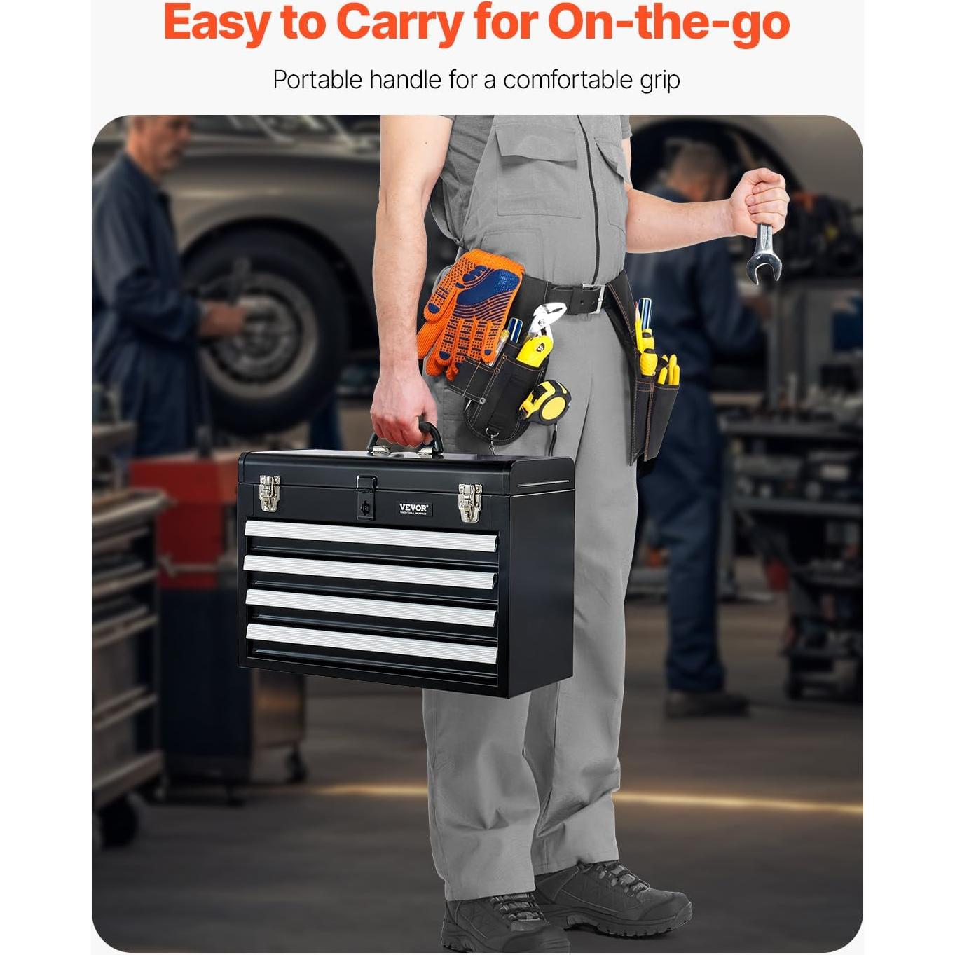 VEVOR Metal Tool Box, 20.5-inch, Portable Metal Tool Box with 4 Drawers, Small Tool Chest with EVA Liners, Ball Bearing Slide Drawers Locking & Powder Coated Finish, Multi-Function Tool Organizer