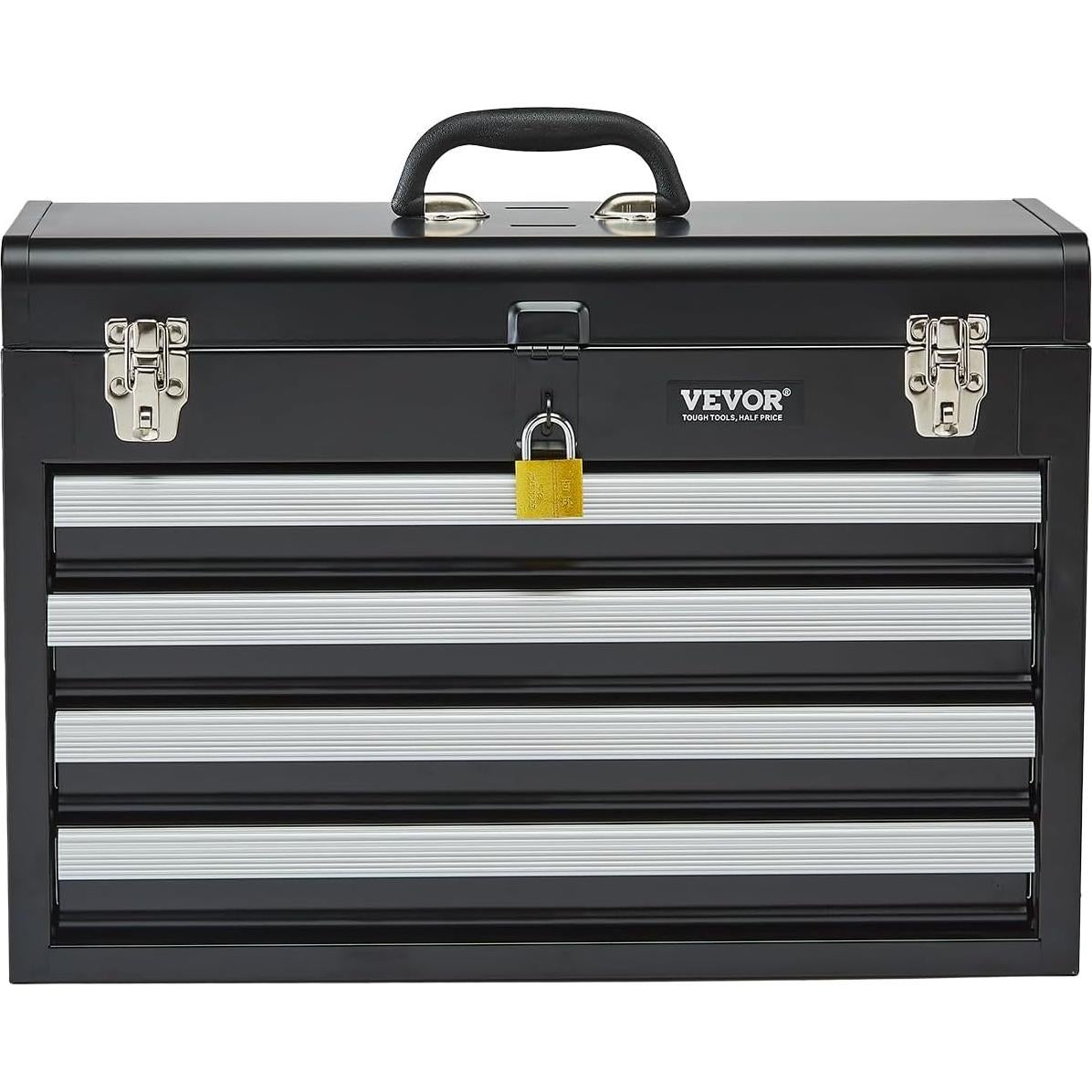 VEVOR Metal Tool Box, 20.5-inch, Portable Metal Tool Box with 4 Drawers, Small Tool Chest with EVA Liners, Ball Bearing Slide Drawers Locking & Powder Coated Finish, Multi-Function Tool Organizer