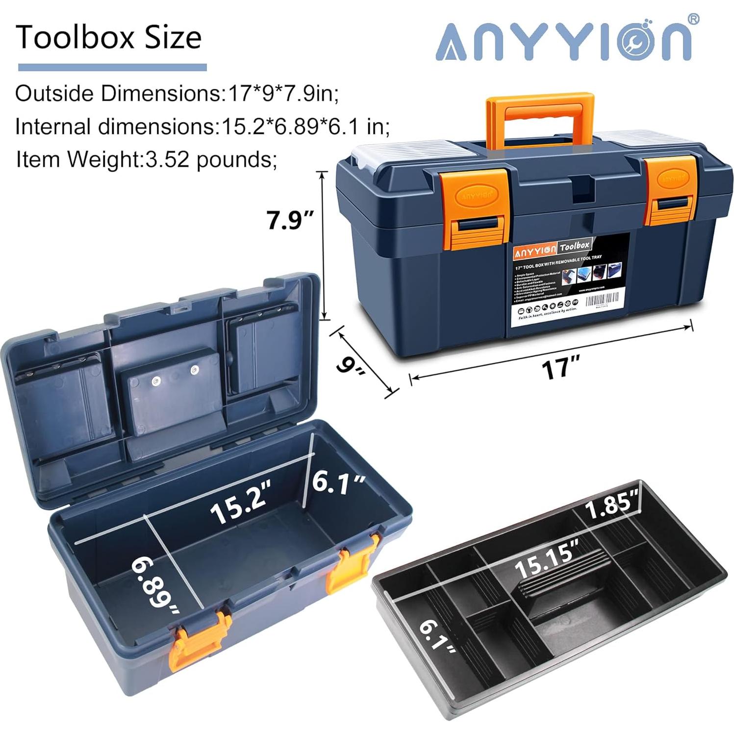 Caja de Herramientas Anyyion 43 cm con Bandeja Extraíble Azul