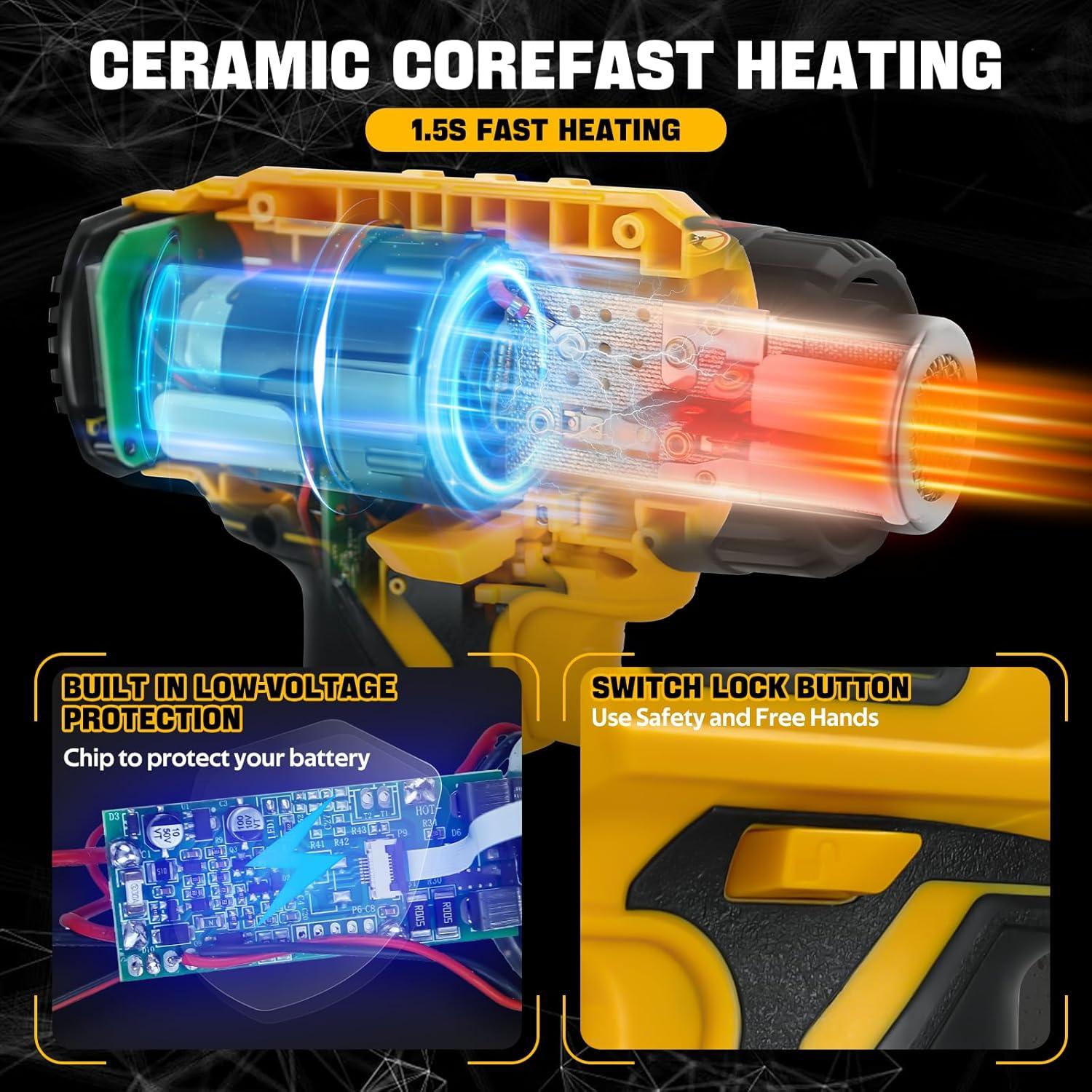 Cordless Heat Gun for DeWalt 20V Li-ion Battery, 350W Fast Heating Up to 1022℉ (550℃) Hot Air Gun Overload Protection with 4 Nozzle Attachments for Crafting, Shrink tubing, Shrink Wrap, Crafts