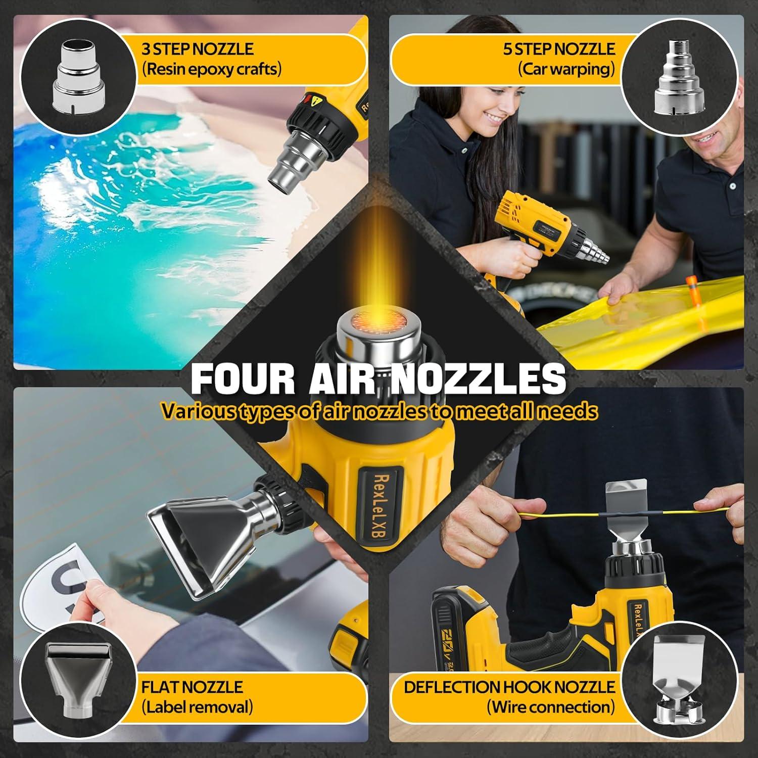 Cordless Heat Gun for DeWalt 20V Li-ion Battery, 350W Fast Heating Up to 1022℉ (550℃) Hot Air Gun Overload Protection with 4 Nozzle Attachments for Crafting, Shrink tubing, Shrink Wrap, Crafts