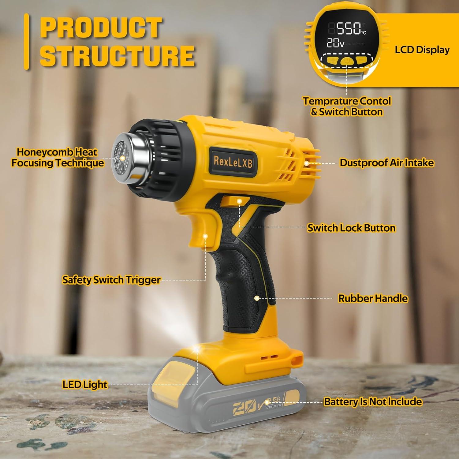 Cordless Heat Gun for DeWalt 20V Li-ion Battery, 350W Fast Heating Up to 1022℉ (550℃) Hot Air Gun Overload Protection with 4 Nozzle Attachments for Crafting, Shrink tubing, Shrink Wrap, Crafts