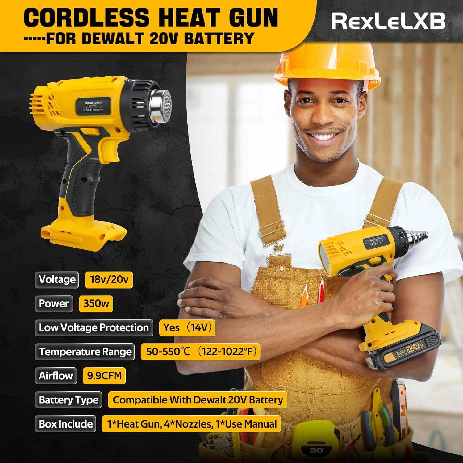 Cordless Heat Gun for DeWalt 20V Li-ion Battery, 350W Fast Heating Up to 1022℉ (550℃) Hot Air Gun Overload Protection with 4 Nozzle Attachments for Crafting, Shrink tubing, Shrink Wrap, Crafts