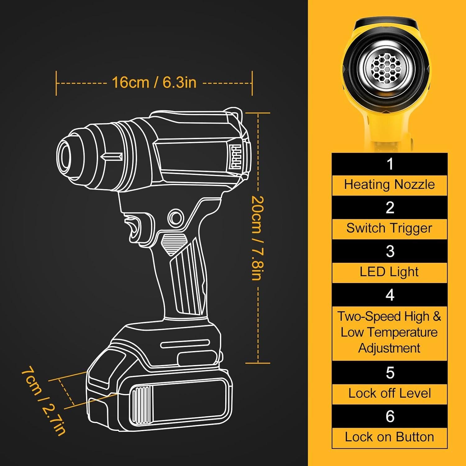 Pistola de Calor Inalámbrica Dewalt 20V 350W con 4 Boquillas