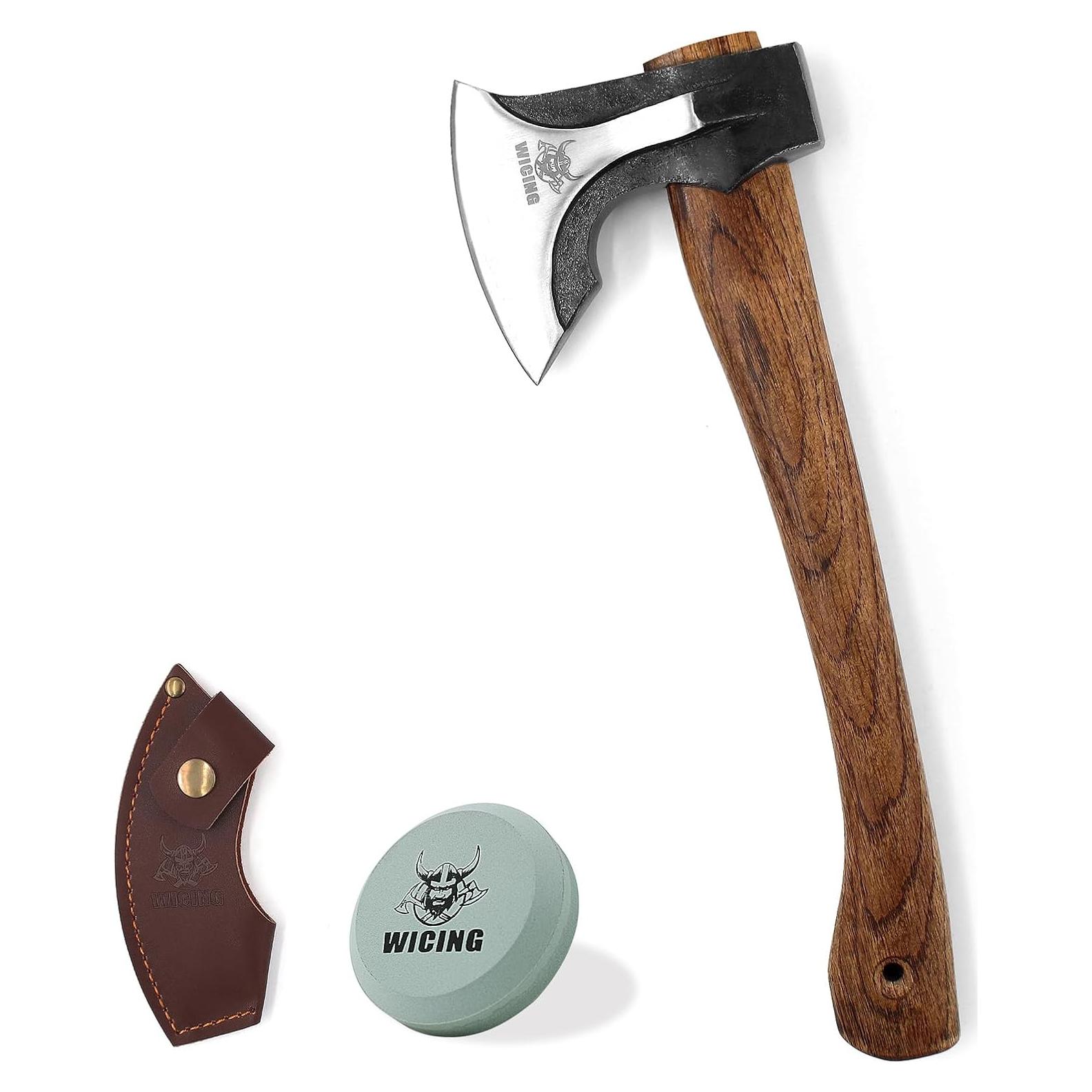 Camping Hatchet, 14.2-inch Splitting Axe with Leather Sheath, Chopping Axe 1065 High Manganese Steel and Hickory Handle