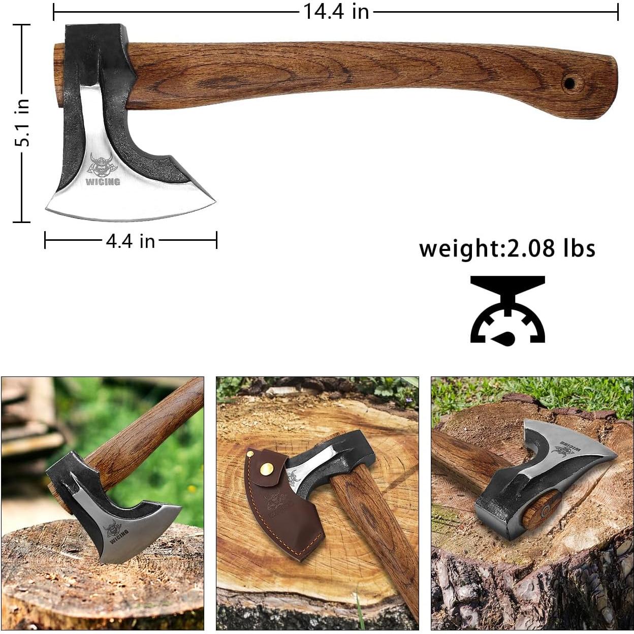 Camping Hatchet, 14.2-inch Splitting Axe with Leather Sheath, Chopping Axe 1065 High Manganese Steel and Hickory Handle