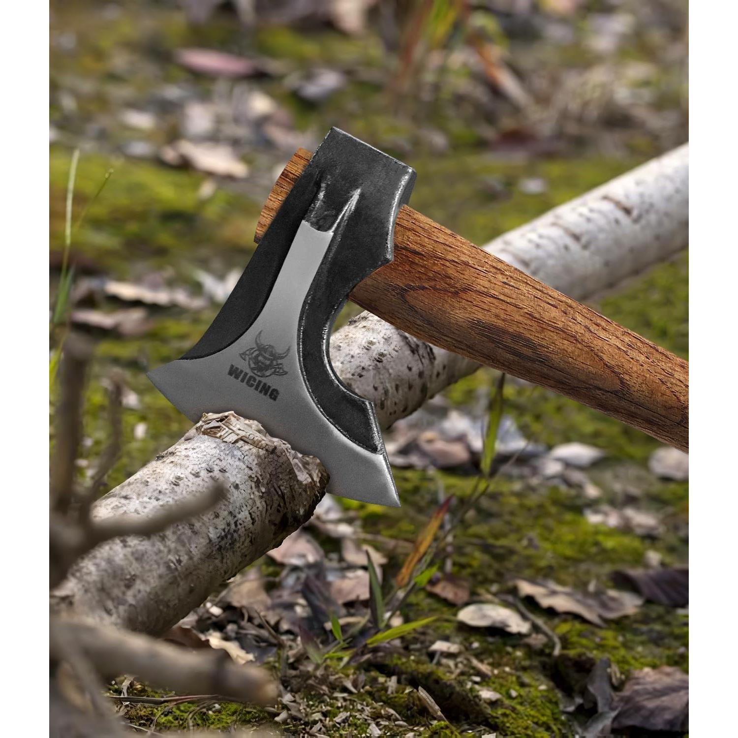 Camping Hatchet, 14.2-inch Splitting Axe with Leather Sheath, Chopping Axe 1065 High Manganese Steel and Hickory Handle