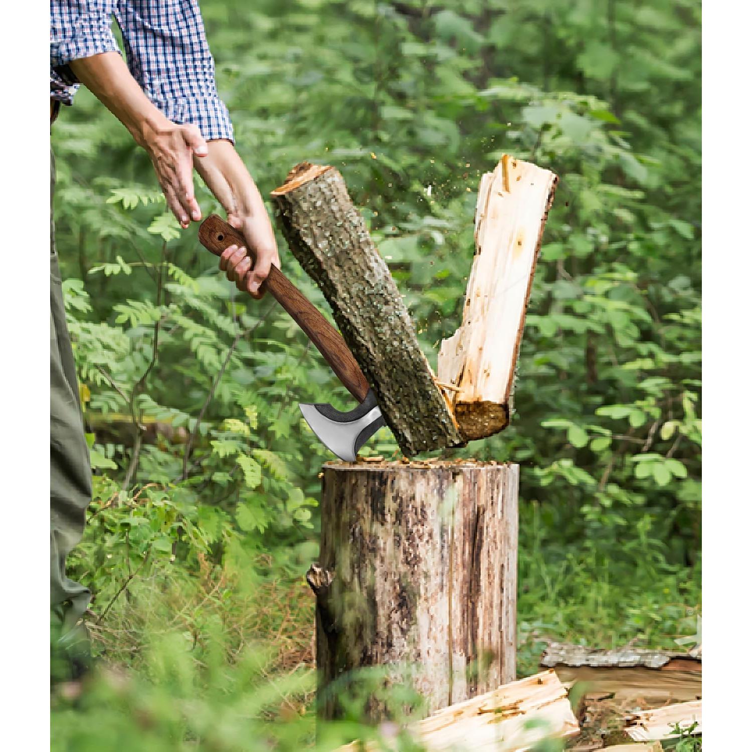 Camping Hatchet, 14.2-inch Splitting Axe with Leather Sheath, Chopping Axe 1065 High Manganese Steel and Hickory Handle