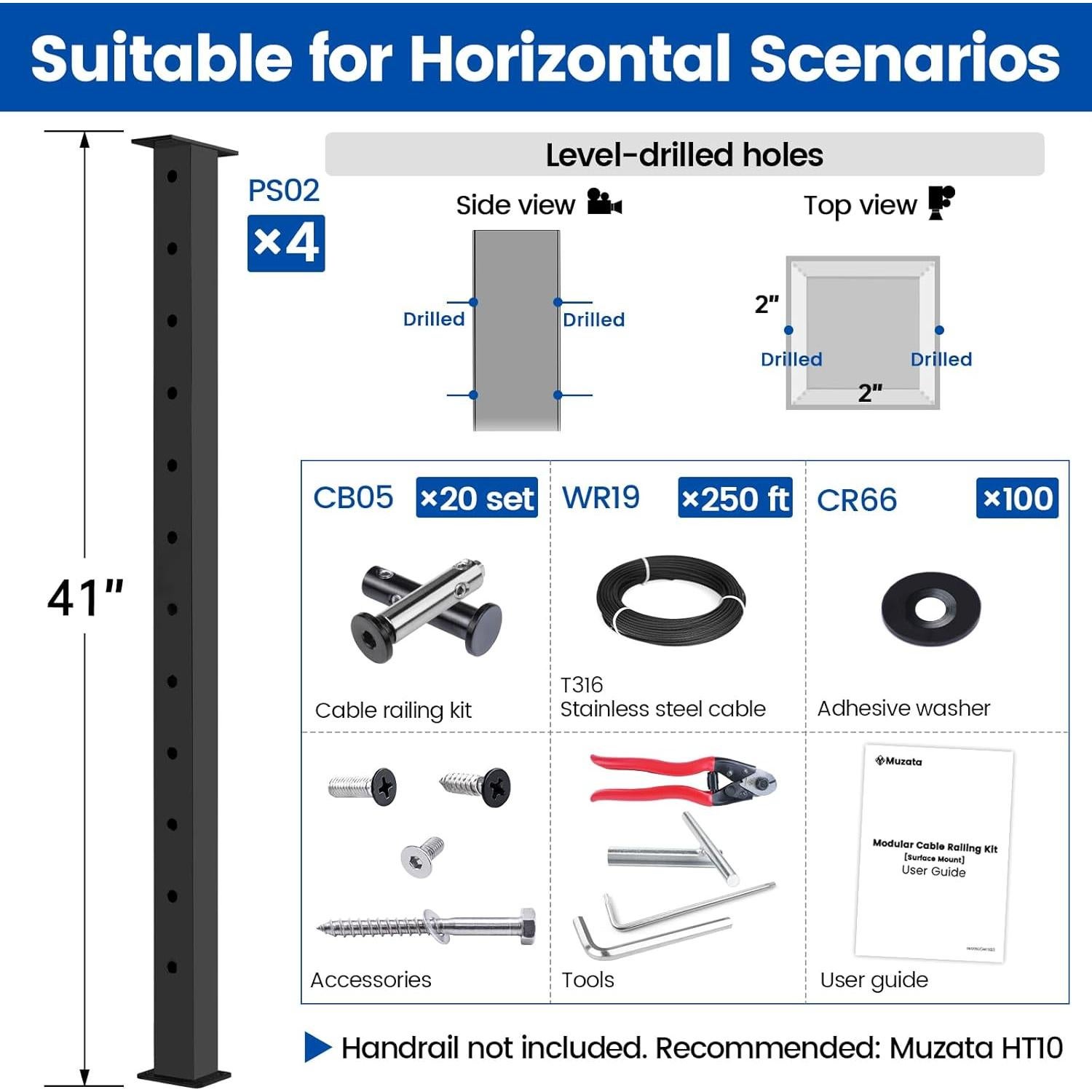 Muzata Kit Barandilla de Cable 15-20ft 42" Sin Tensores