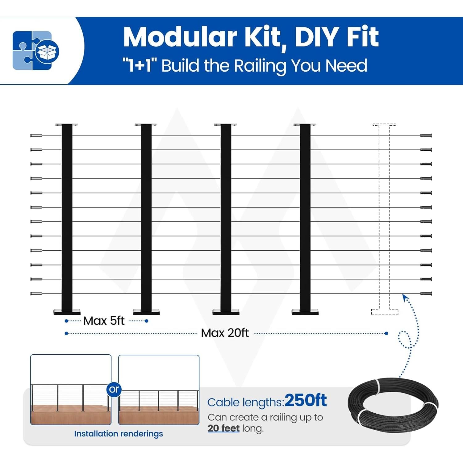 Muzata Kit Barandilla de Cable 15-20ft 42" Sin Tensores